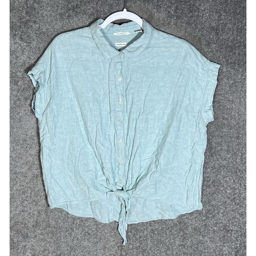 Original Weatherproof Vintage Washable Linen Blend Top Womens Sz L Button Up Tie